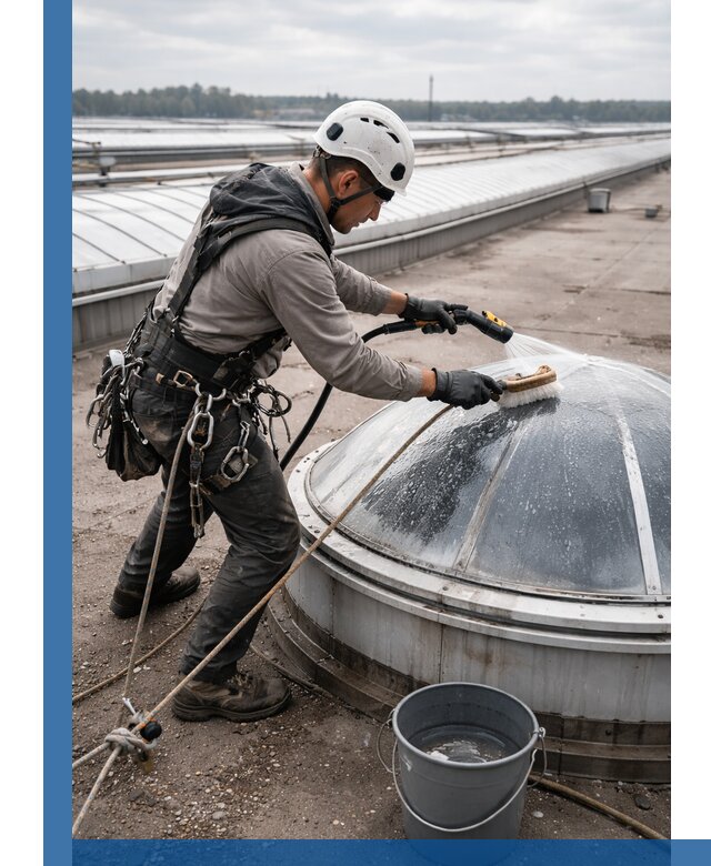 Мойка зенитных фонарей на кровле для промышленных объектов в Чайковском