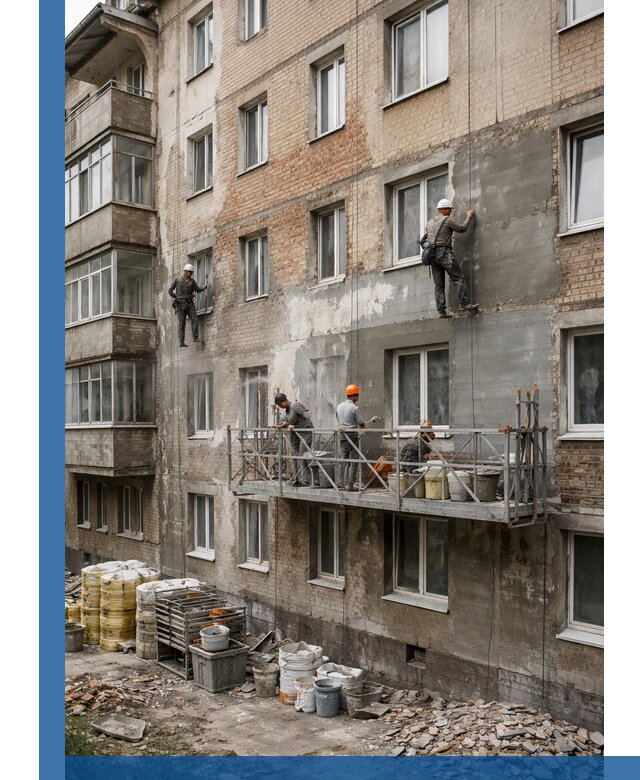 Капитальный ремонт фасада в Чайковском с восстановлением и гидроизоляцией