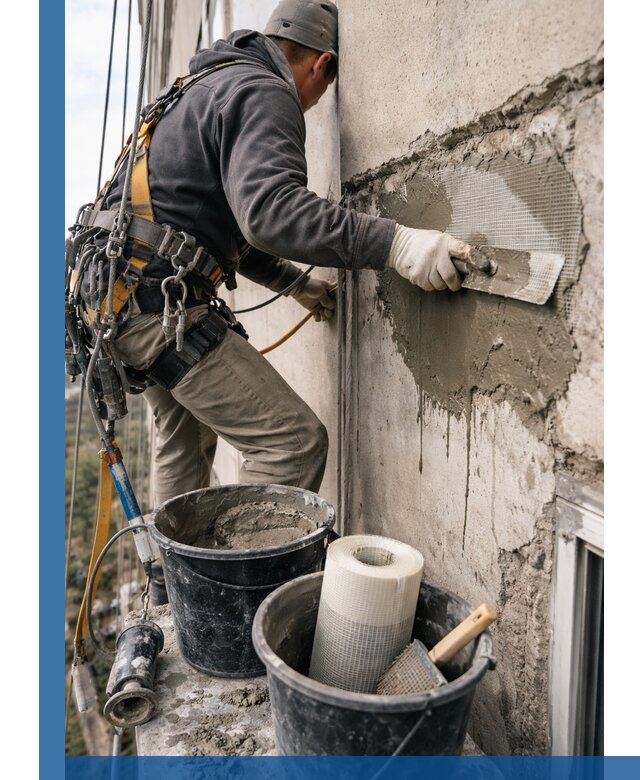 Ремонт бетонных элементов фасада промышленными альпинистами в Чайковском