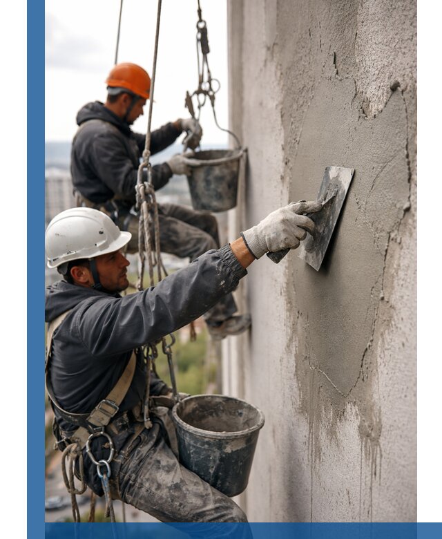 Штукатурка фасада на высоте в Чайковском профессиональные работы