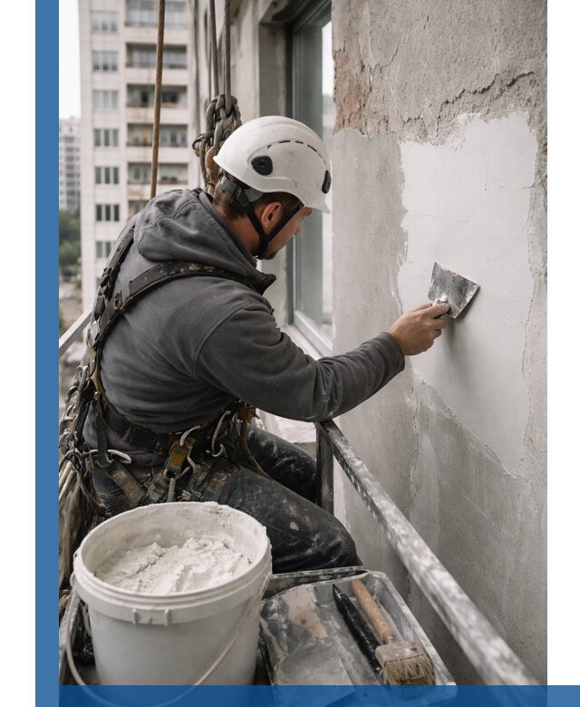 Шпаклевка фасадов на высоте с промальпинистами в Чайковском