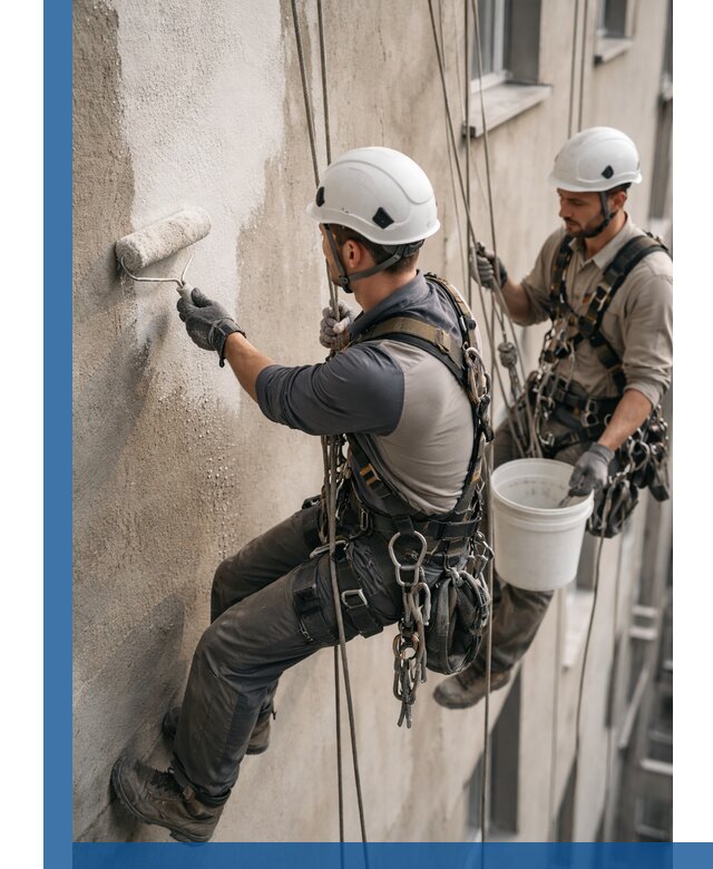 Грунтовка фасада на высоте в Чайковском промышленными альпинистами