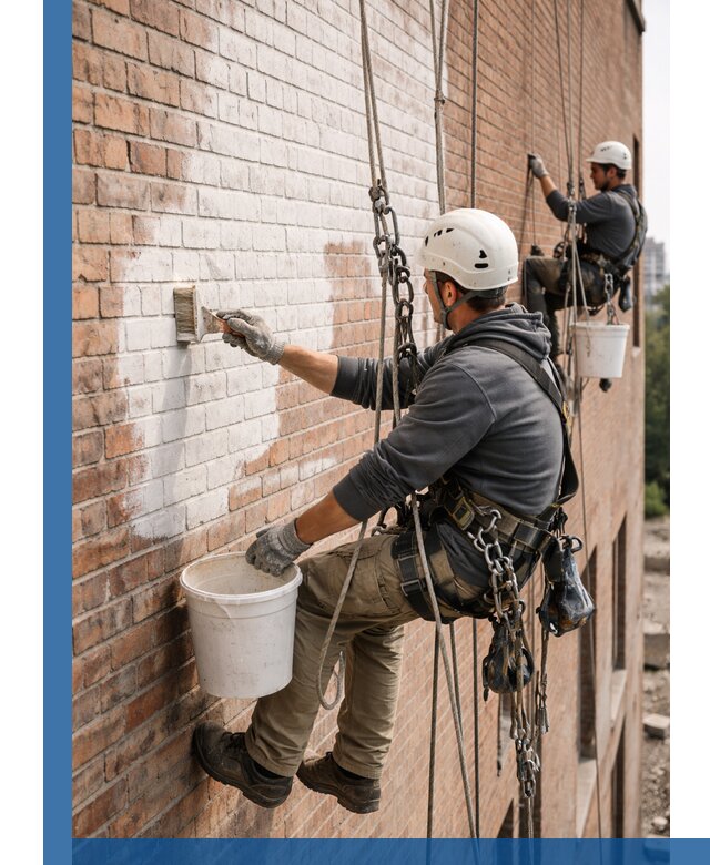 Покраска кирпичного фасада с доступным альпинистским сервисом в Чайковском