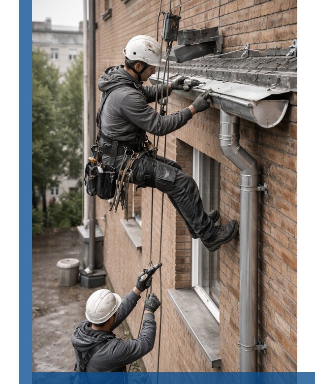 Монтаж водосточной системы на здании в Чайковском под ключ