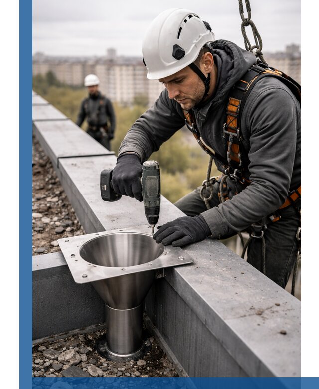 Монтаж водосточных воронок в Чайковском для промышленных зданий