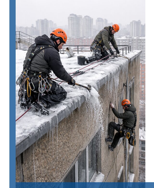 Удаление наледи с кровли в Чайковском промышленными альпинистами