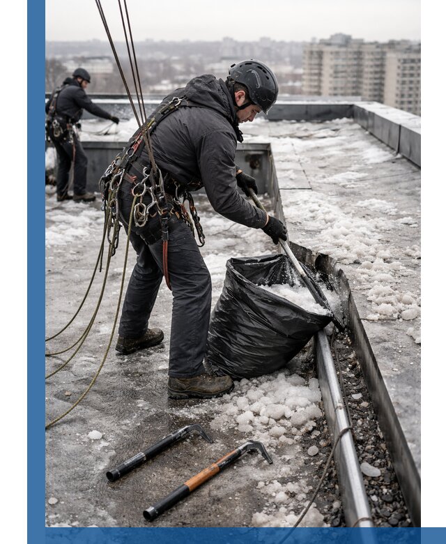 Аварийная очистка кровли в Чайковском от промальпинистов