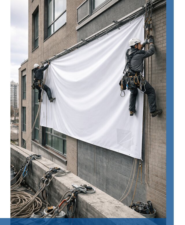 Монтаж баннеров на фасаде в Чайковском от 658 р. заказать ВЫСОТНИК-Чкв