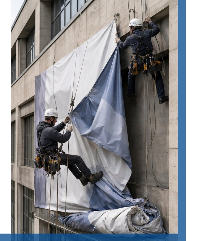 Демонтаж баннеров с фасада в Чайковском от 4554 р. | ВЫСОТНИК-Чкв