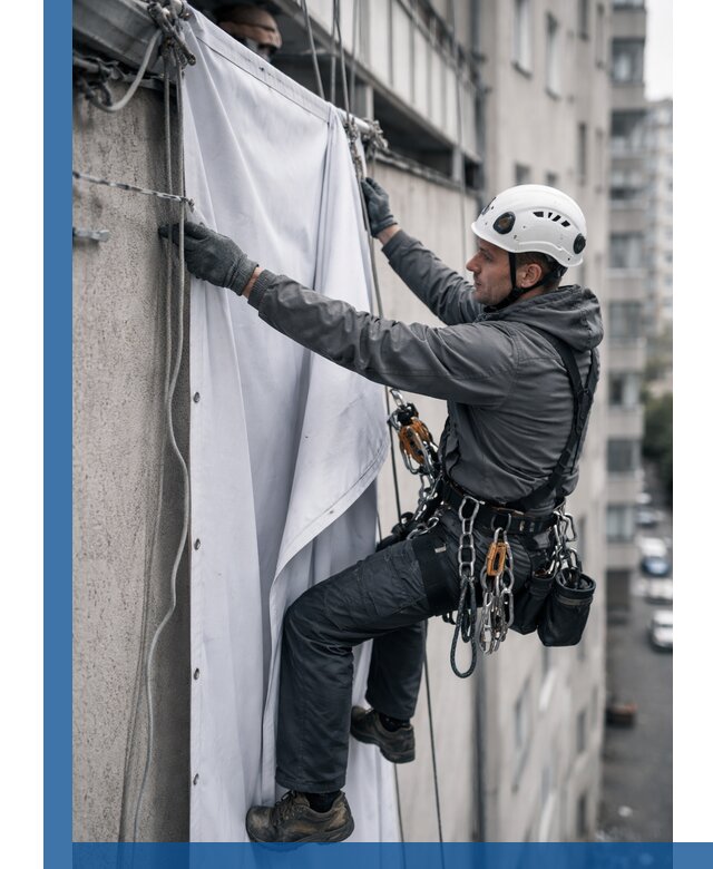 Замена баннерного полотна промышленными альпинистами в Чайковском