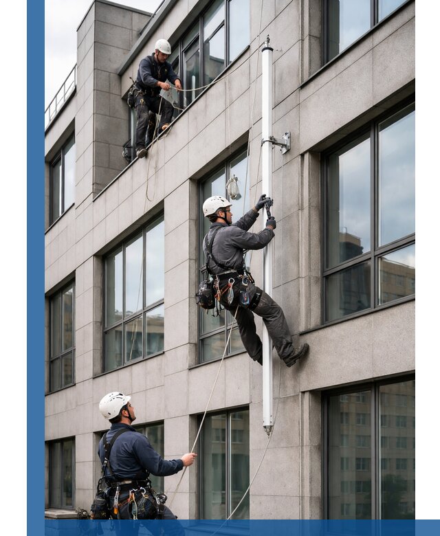 Монтаж флагштока на фасаде здания с креплением и герметикой в Чайковском