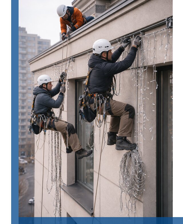 Монтаж праздничных гирлянд на фасаде в Чайковском для зданий