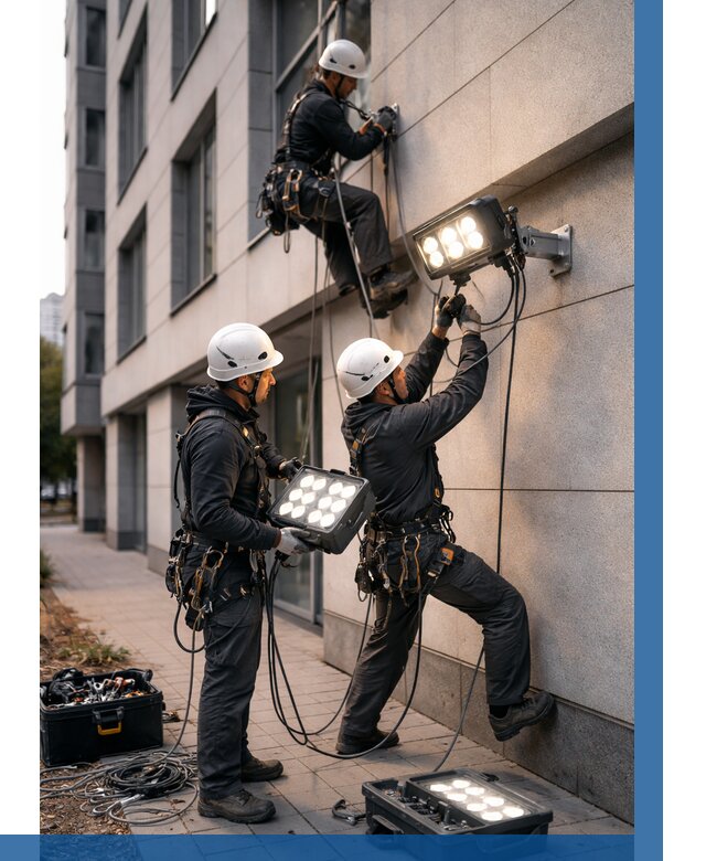Монтаж прожекторов на фасаде в Чайковском от 7591 р. | ВЫСОТНИК-Чкв