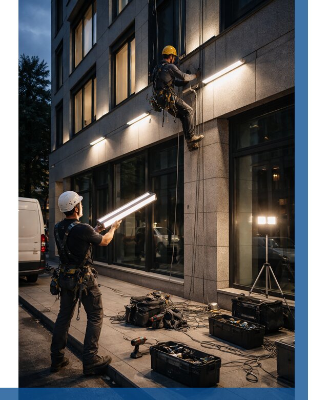 Монтаж архитектурной подсветки здания в Чайковском от 2530 р.|ВЫСОТНИК-Чкв