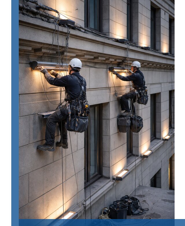 Монтаж архитектурной подсветки фасадов зданий в Чайковском