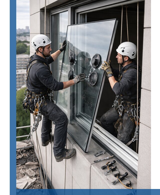 Замена стеклопакетов на высоте с промышленными альпинистами в Чайковском
