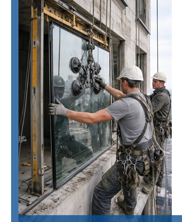 Монтаж стеклопакетов на высоте в Чайковском с промышленным альпинизмом