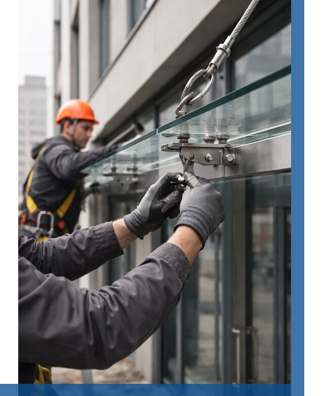 Монтаж стеклянных козырьков в Чайковском от 8603 р. | ВЫСОТНИК-Чкв