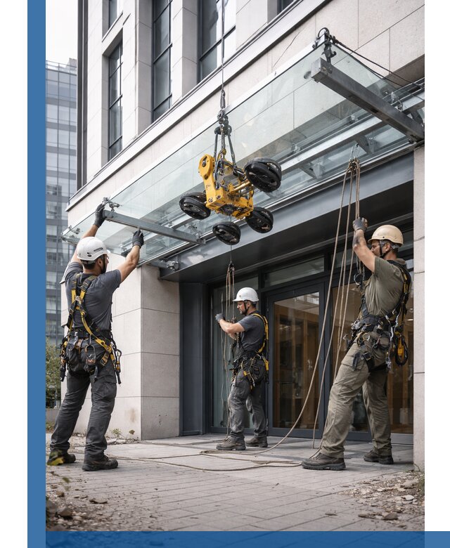 Монтаж стеклянных козырьков под ключ в Чайковском для зданий