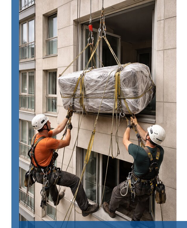Подъем грузов через окно в Чайковском промышленными альпинистами
