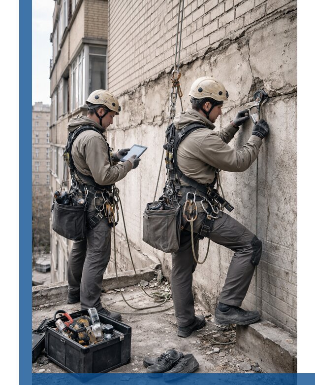 Обследование фасада промышленными альпинистами в Чайковском